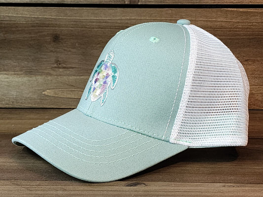 Loggerhead Ponytail Trucker Hat – Women’s Mesh Back Cap with Sea Turtle Vibes